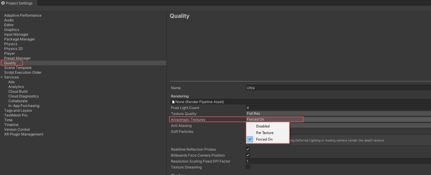 Anisotropic textures settings in Quality Settings - Unity Forum